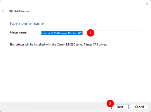 Ввод имени для вручную добавленного принтера