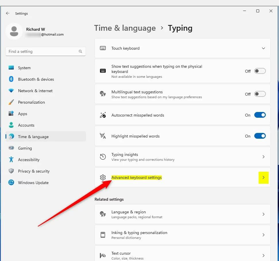 Обновлена ​​плитка расширенных настроек клавиатуры Windows 11
