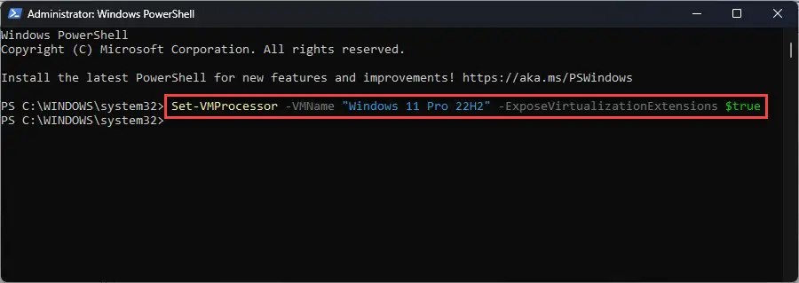 Включите вложенную виртуализацию на виртуальной машине Hyper V с помощью PowerShell.