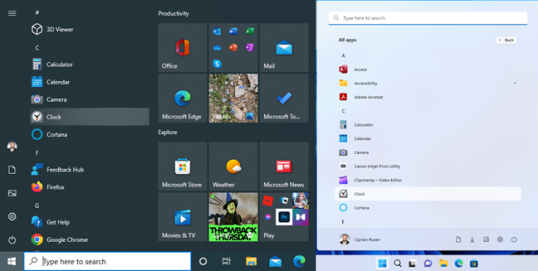 Откройте приложение «Часы» в Windows 10 (слева) или Windows 11 (справа).