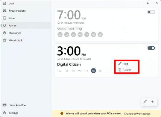 У каждого будильника есть контекстное меню с двумя вариантами.