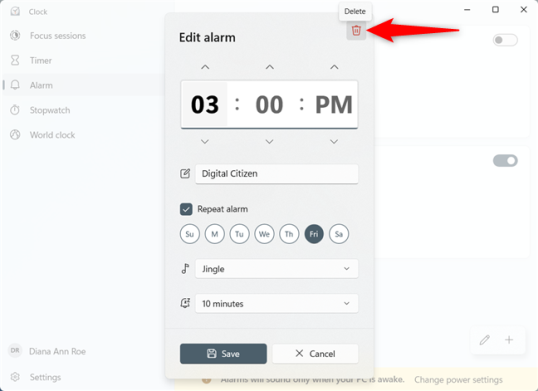 Удалить будильник Windows 11 или Windows 10