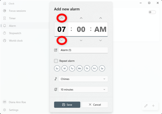 Вы можете использовать стрелки рядом с каждым значением, чтобы установить будильник для Windows.
