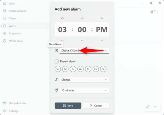 Введите имя для вашего будильника