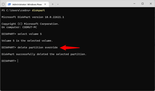 Удалить раздел принудительно с помощью DiskPart