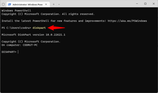 Запустите DiskPart в приложении командной строки