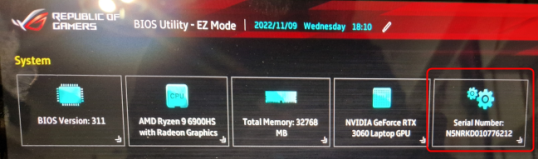 Серийный номер ноутбука, отображаемый утилитой BIOS.