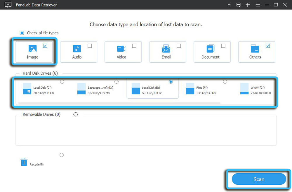 Тип файла в FoneLab Data Retriever