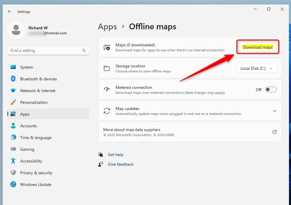 Кнопка загрузки автономных карт Windows 11