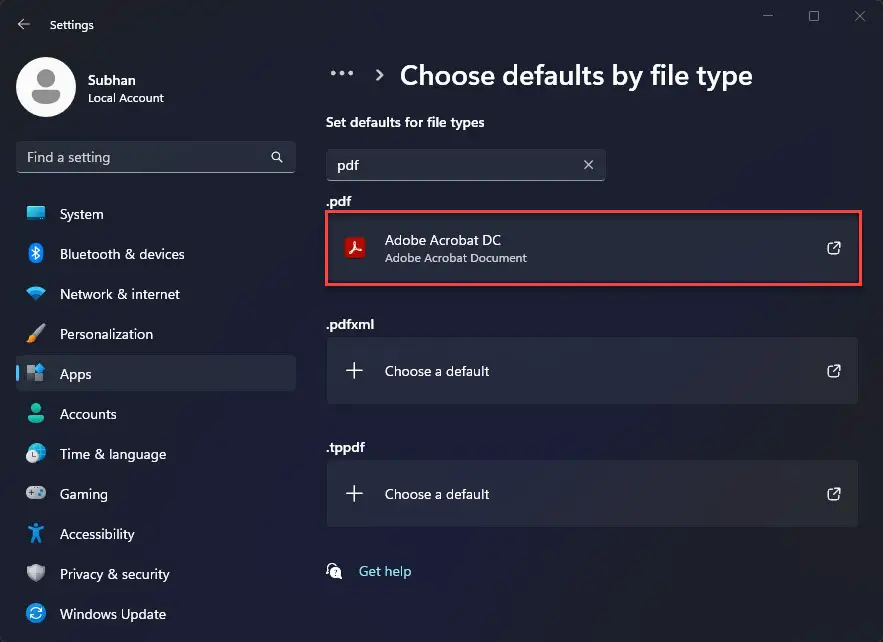 Изменить приложение PDF по умолчанию