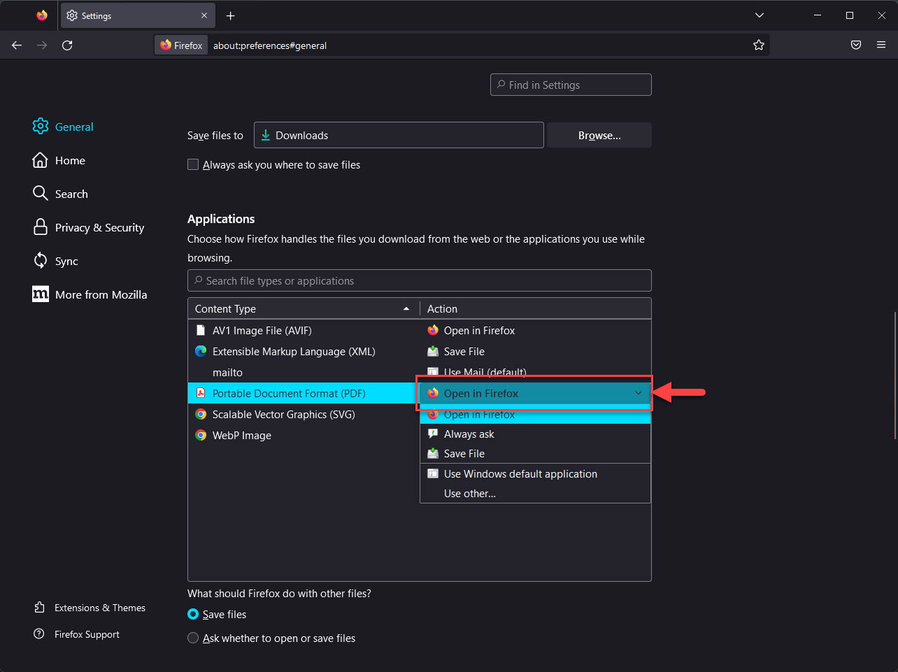 Разверните раскрывающееся меню «Действие».