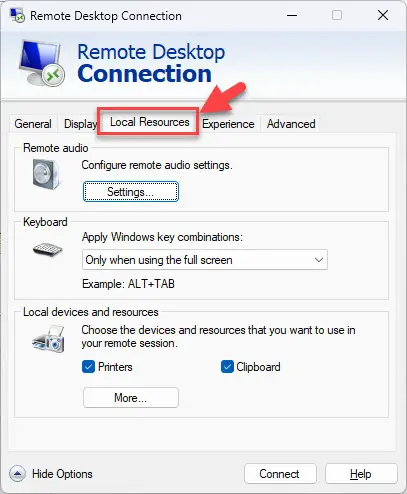 Откройте вкладку «Локальные ресурсы»