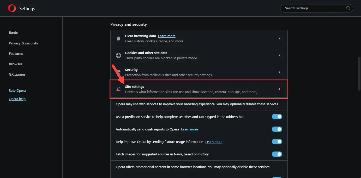 Откройте настройки сайта