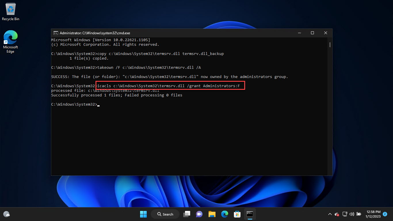 Предоставьте группе администраторов полный доступ к библиотеке Termsrv.