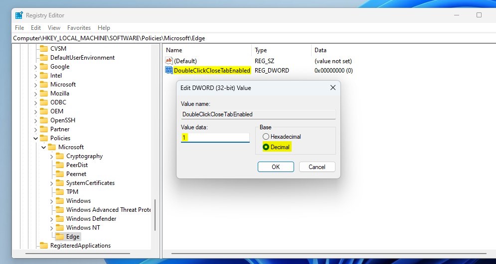 Браузер Microsoft Edge дважды щелкните, чтобы закрыть реестр вкладок браузера