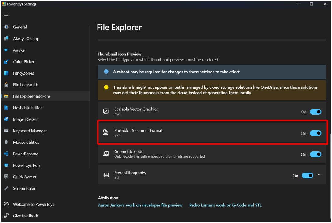 Включение миниатюр для PDF в Power Toys