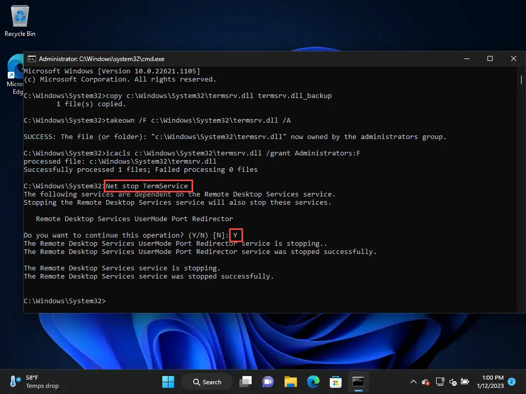 Остановить службу RDP