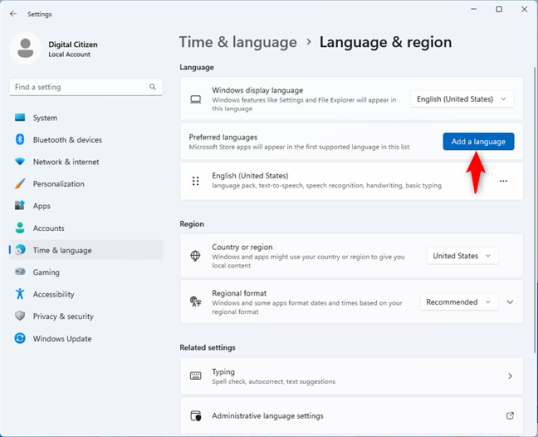 Щелкните или коснитесь Добавить язык