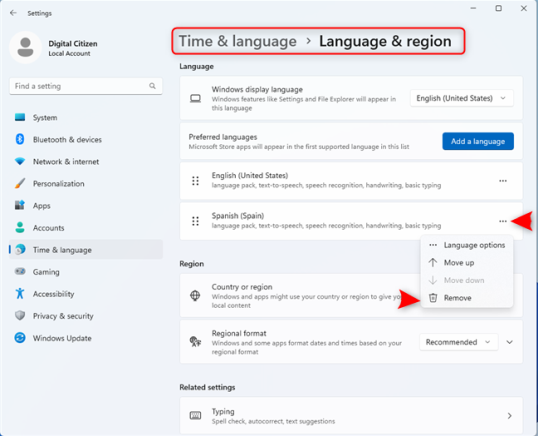 Удалите нужный язык