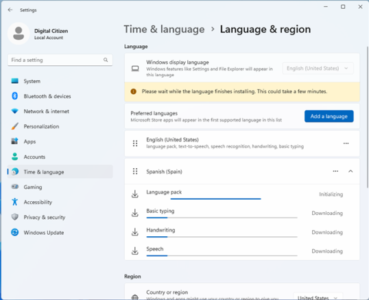 Подождите, пока язык будет загружен и установлен