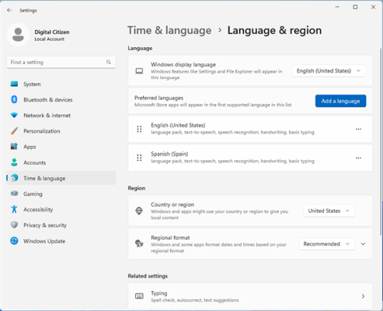 Выбранный язык добавлен и может использоваться