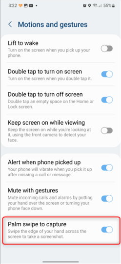 Включить смахивание ладонью для захвата