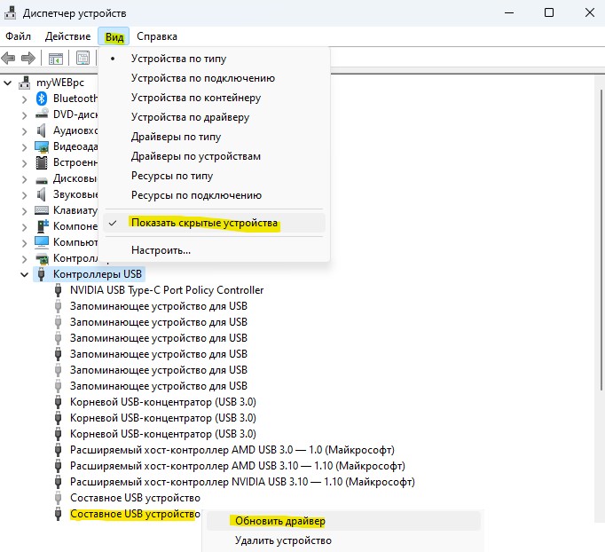 скрытые контроллеры USB и обновить