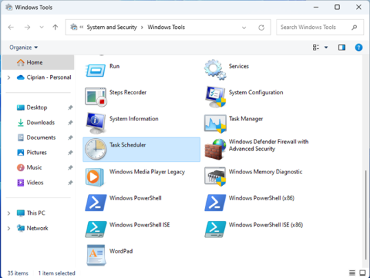 Найдите ярлык планировщика заданий