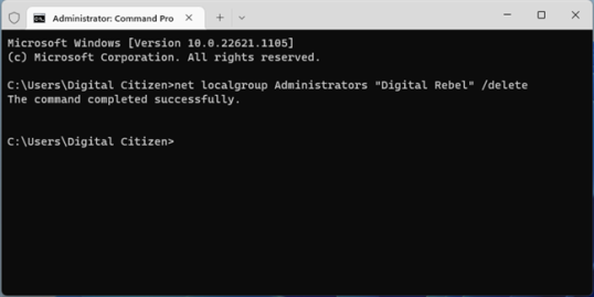 Изменение учетной записи администратора на стандартную из CMD