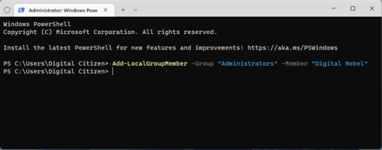 Измените стандартную учетную запись на администратора с помощью PowerShell
