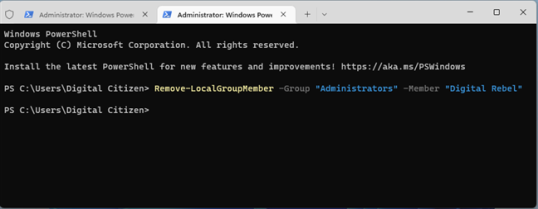 Измените учетную запись администратора на стандартную из PowerShell