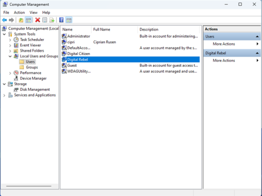 Перейдите в «Управление компьютером» > «Локальные пользователи и группы» > «Пользователи».
