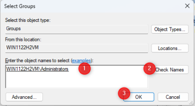Введите «Администраторы» и нажмите «Проверить имена», а затем «ОК».