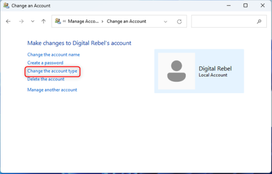Нажмите «Изменить тип учетной записи».