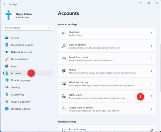 Перейдите в «Настройки» > «Учетные записи» > «Другие пользователи».