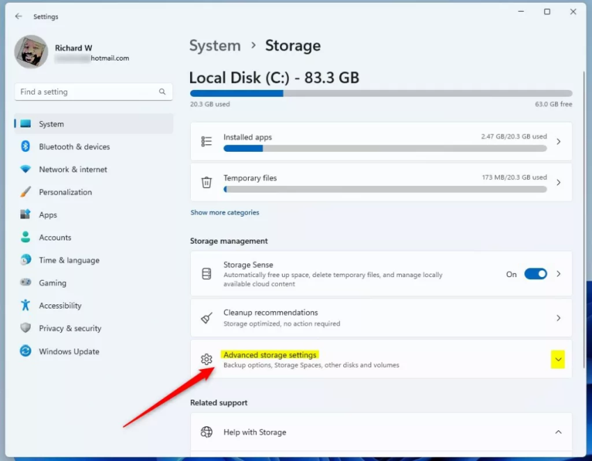 Плитка расширенных настроек хранилища Windows