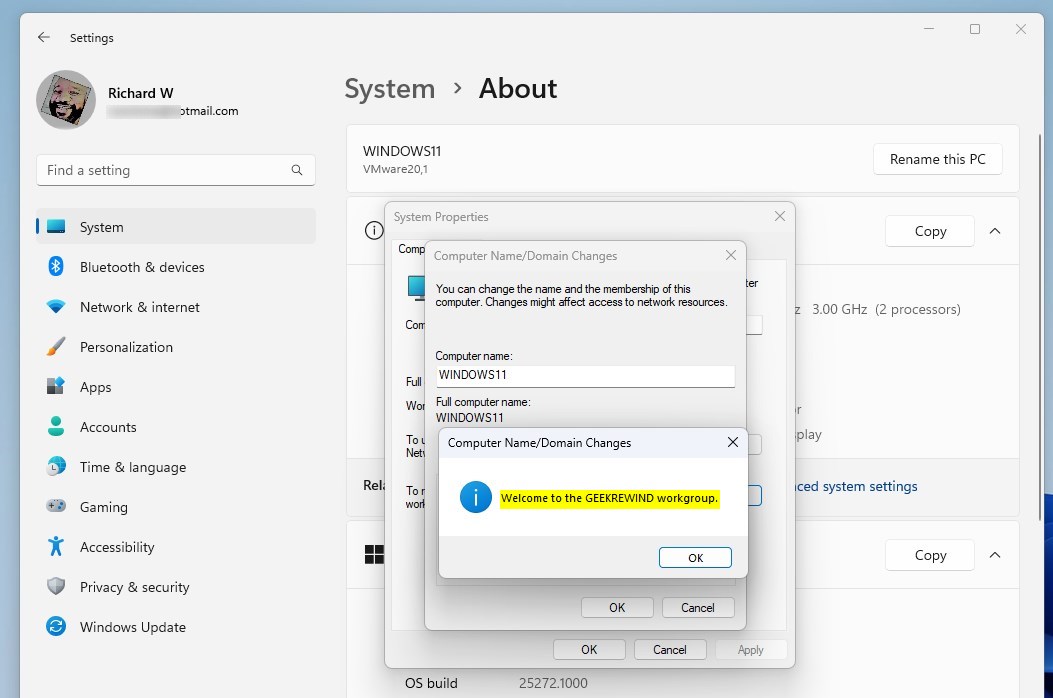 окон изменить имя рабочей группы завершено