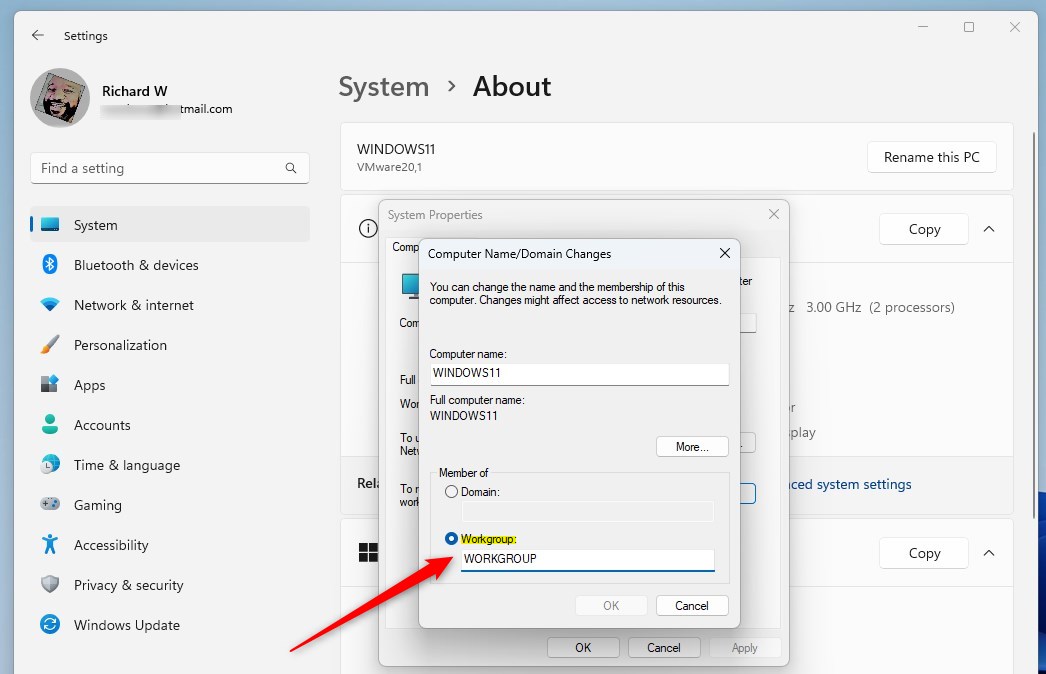 Окно изменения имени компьютера и домена Windows