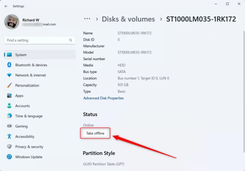 свойства диска и тома Windows переходят в автономный режим