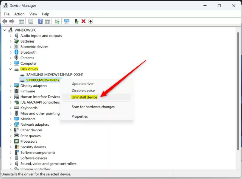 Удаление диска Windows через диспетчер устройств