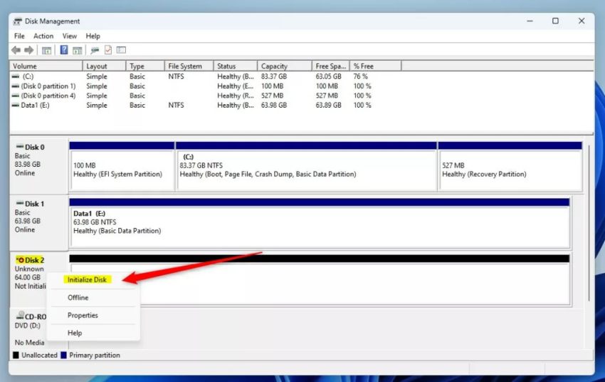 Инициализировать средство управления дисками Windows