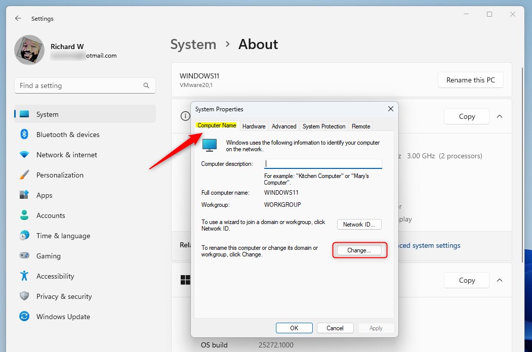 вкладка имени компьютера в свойствах системы windows