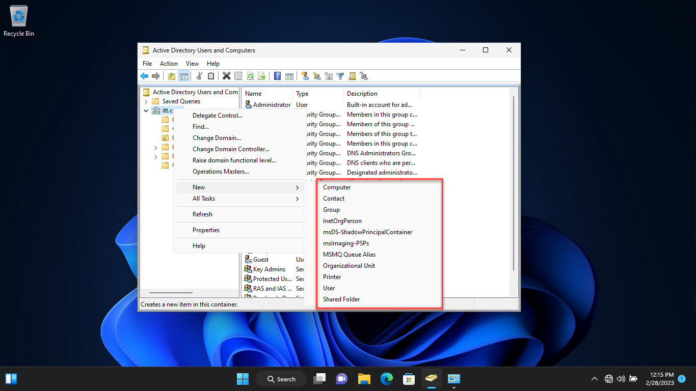 Добавление новых OU пользователей компьютеров с помощью оснастки ADUC
