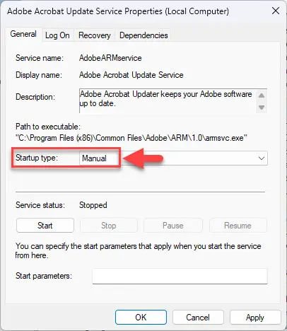 Изменить тип запуска на ручной