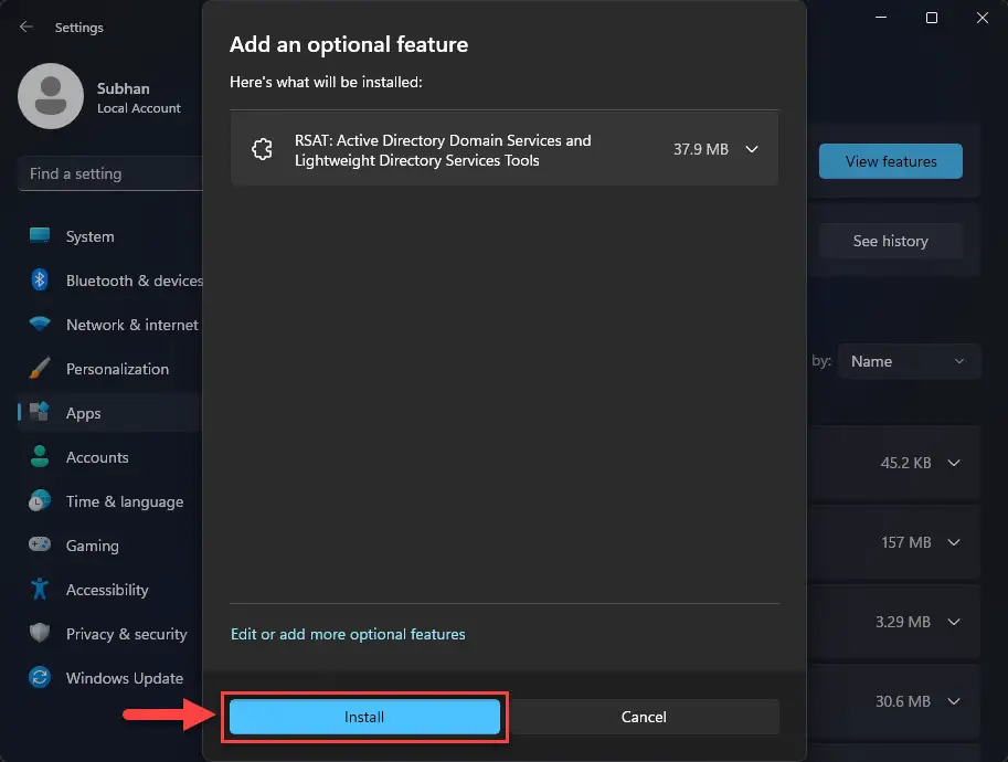 Установите пользователей и компьютеры Active Directory из приложения «Настройки» 1