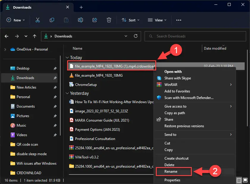 Переименуйте файл CRDOWNLOAD.