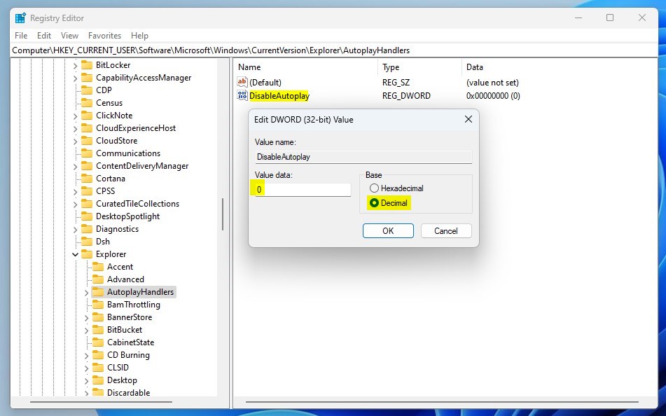 Параметры автозапуска Windows для включения или выключения данных значения реестра