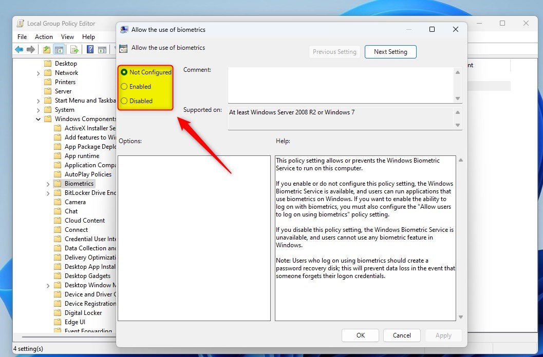 Windows позволяет использовать параметры биометрии