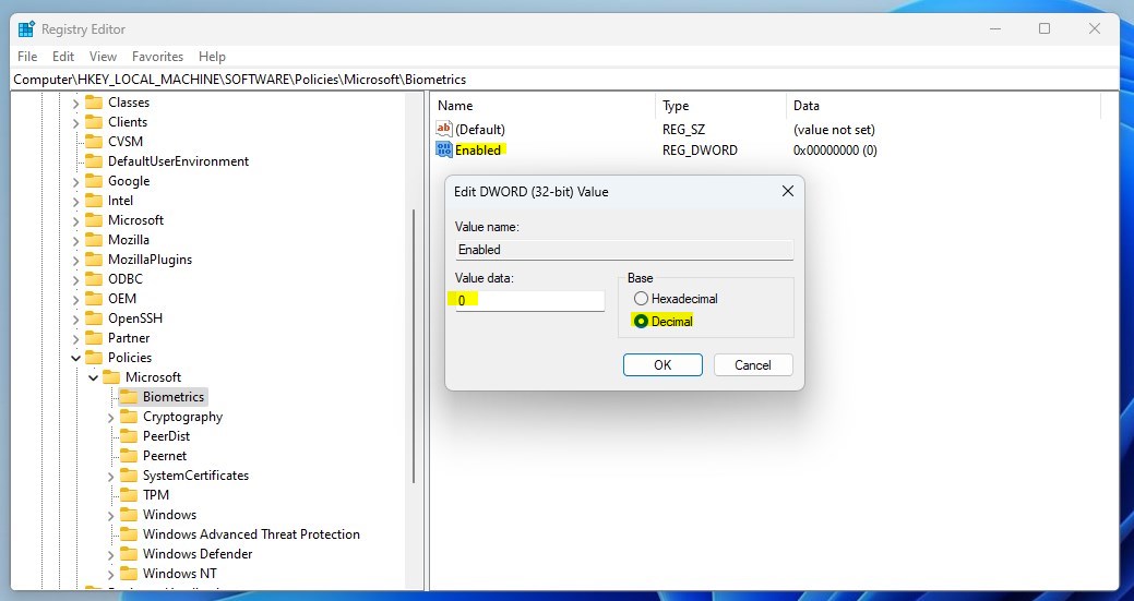 Windows позволяет использовать биометрические данные реестра Windows обновлены