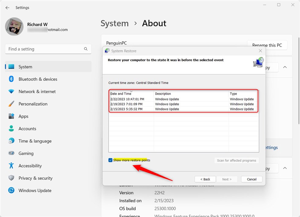 Доступные точки восстановления системы Windows